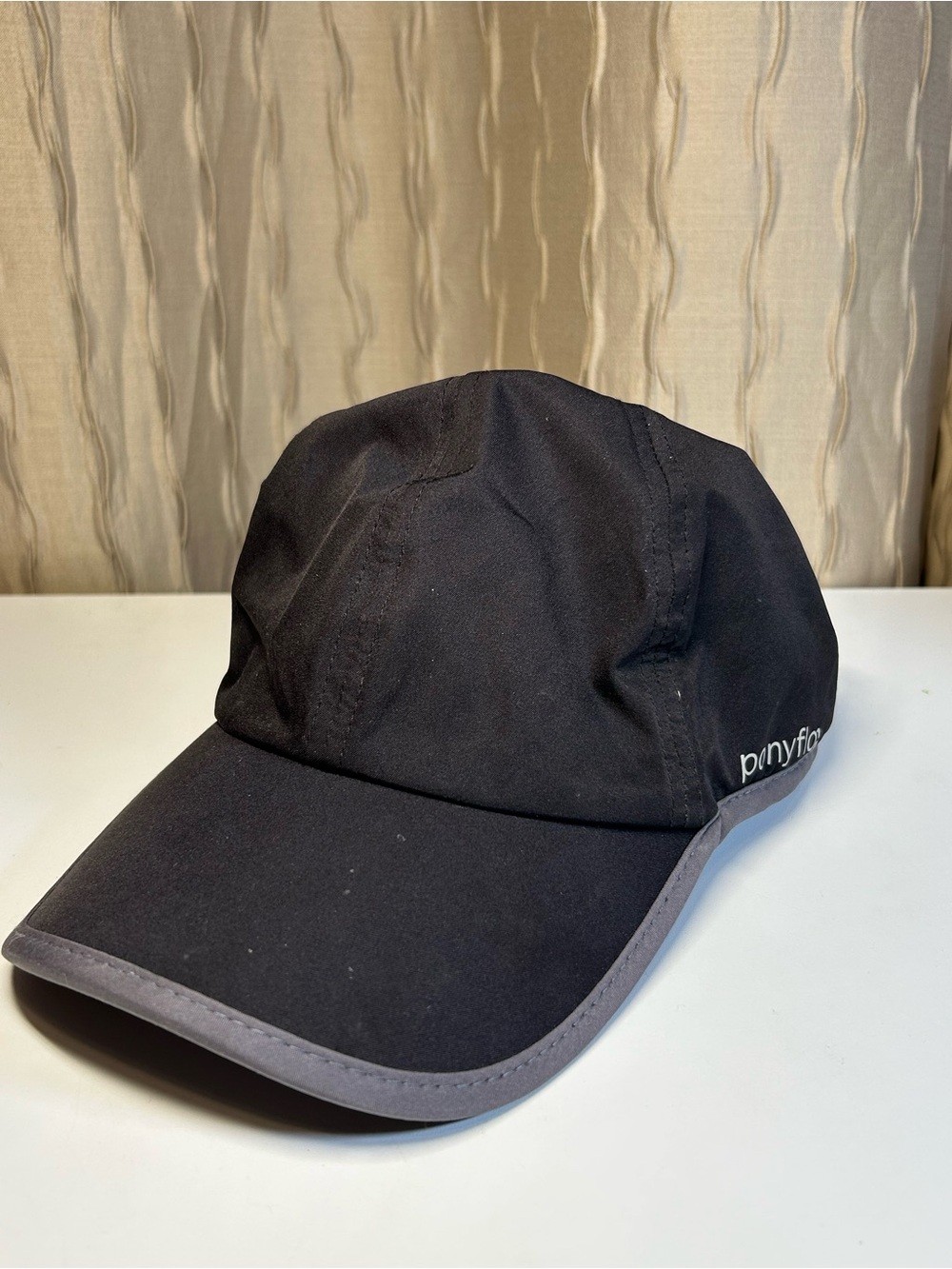 Ponyflo Black Gray Women's Ponytail Cap Hat Velcro Adjustable